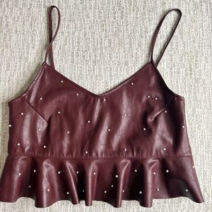 Do + Be Faux Leather Burgundy S pearls Crop Top
